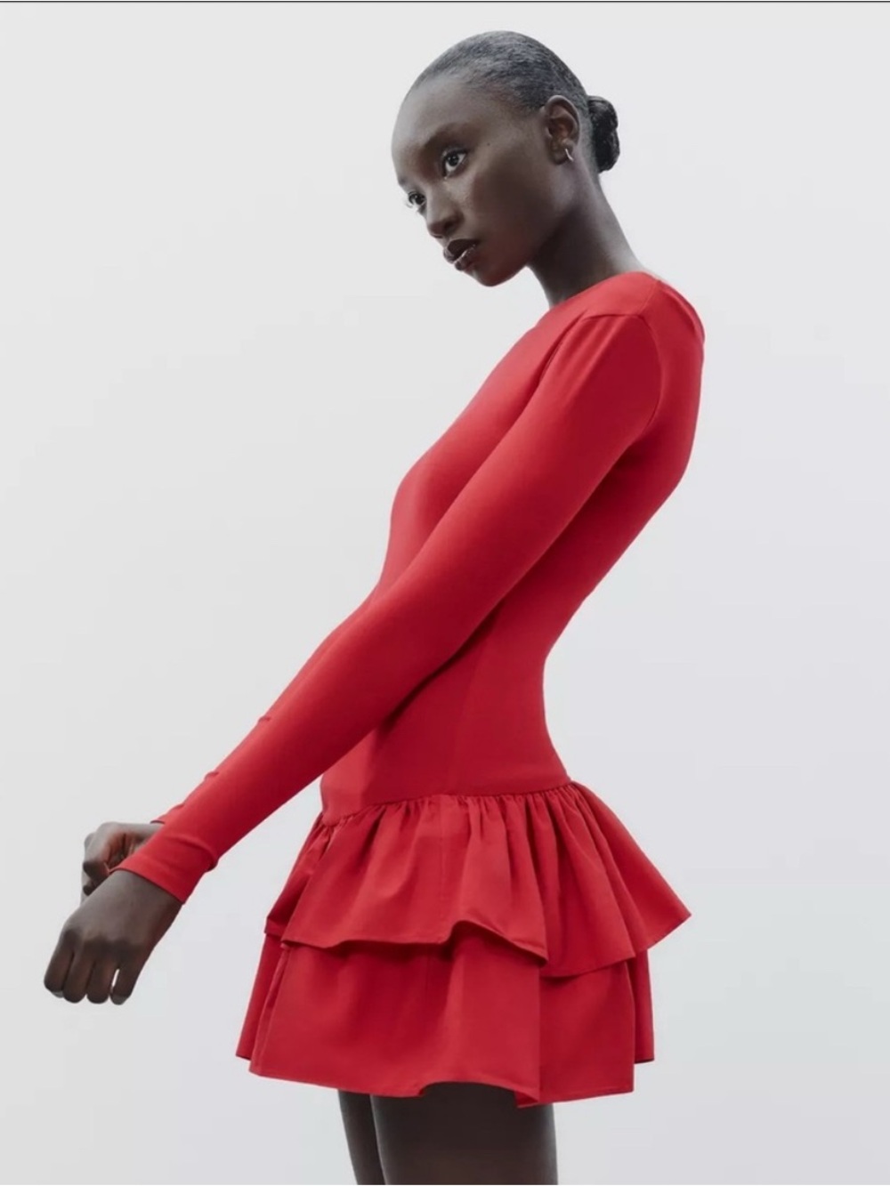 Zara Red Long-Sleeve Ruffle Mini Dress - Picture 3 of 3